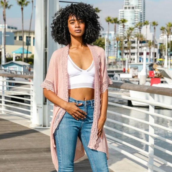 Sweaters - Pink Mauve Rose Scallop Lace Trim Kimono One Size
